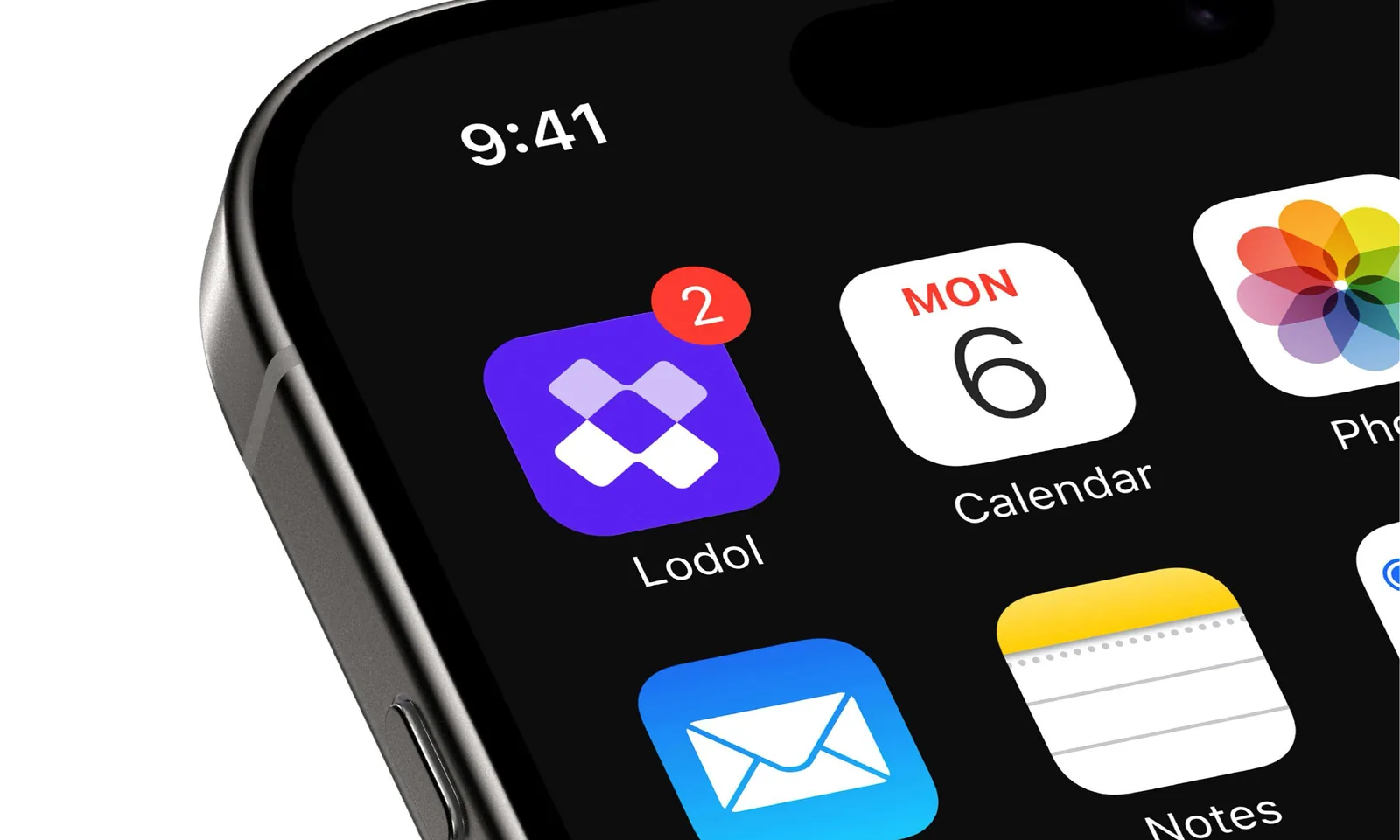 A phone's home screen with the Lodol app icon, showing a badge of two, beside Calendar, Photos, Mail and Notes.