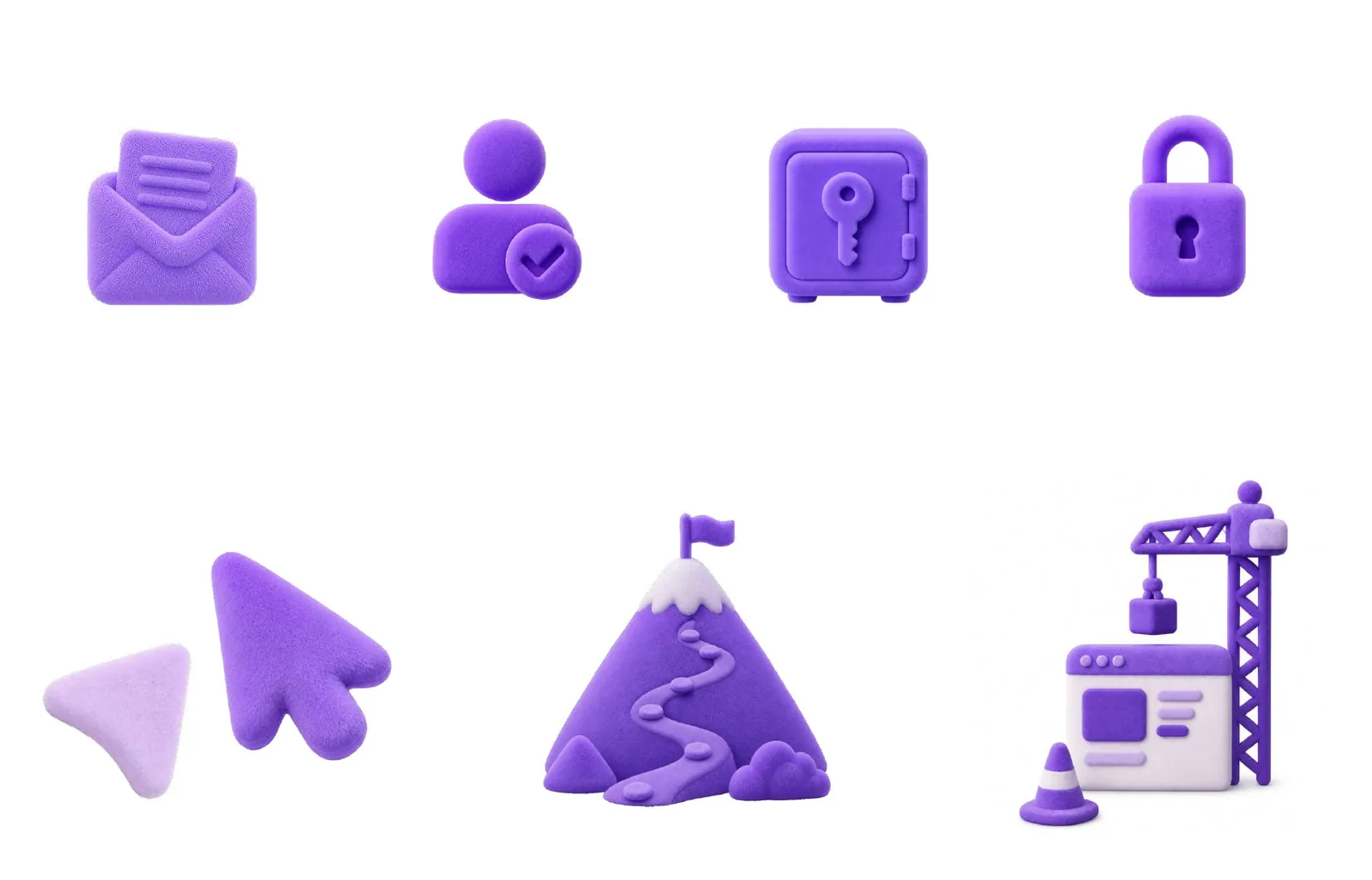 Soft-textured 3D icons in Electric Indigo and Pale Lavender: an envelope, a verified person, a safe, a padlock, two cursors, a mountain with a flag and a crane building a web page.