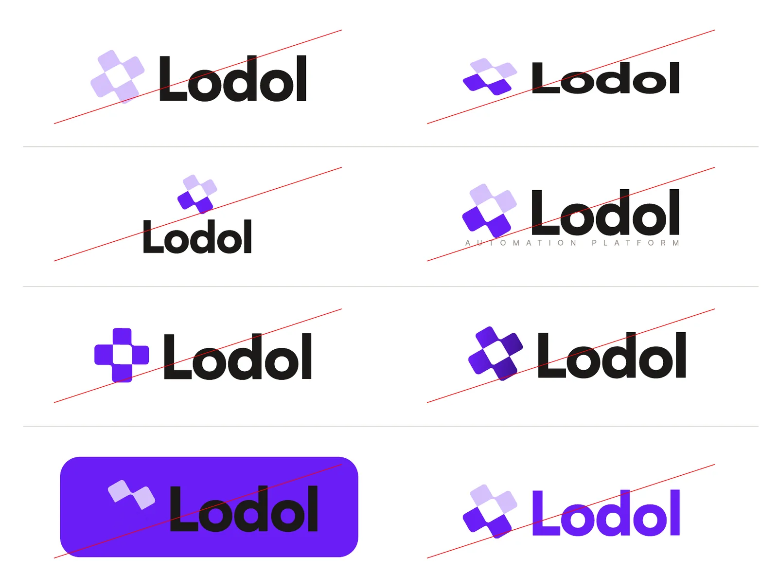 Eight crossed-out misuses of the logo: washed-out colors, a squashed logo, a stacked layout, an added tagline, a redrawn symbol, a darkened symbol, a low-contrast background and a recolored wordmark.