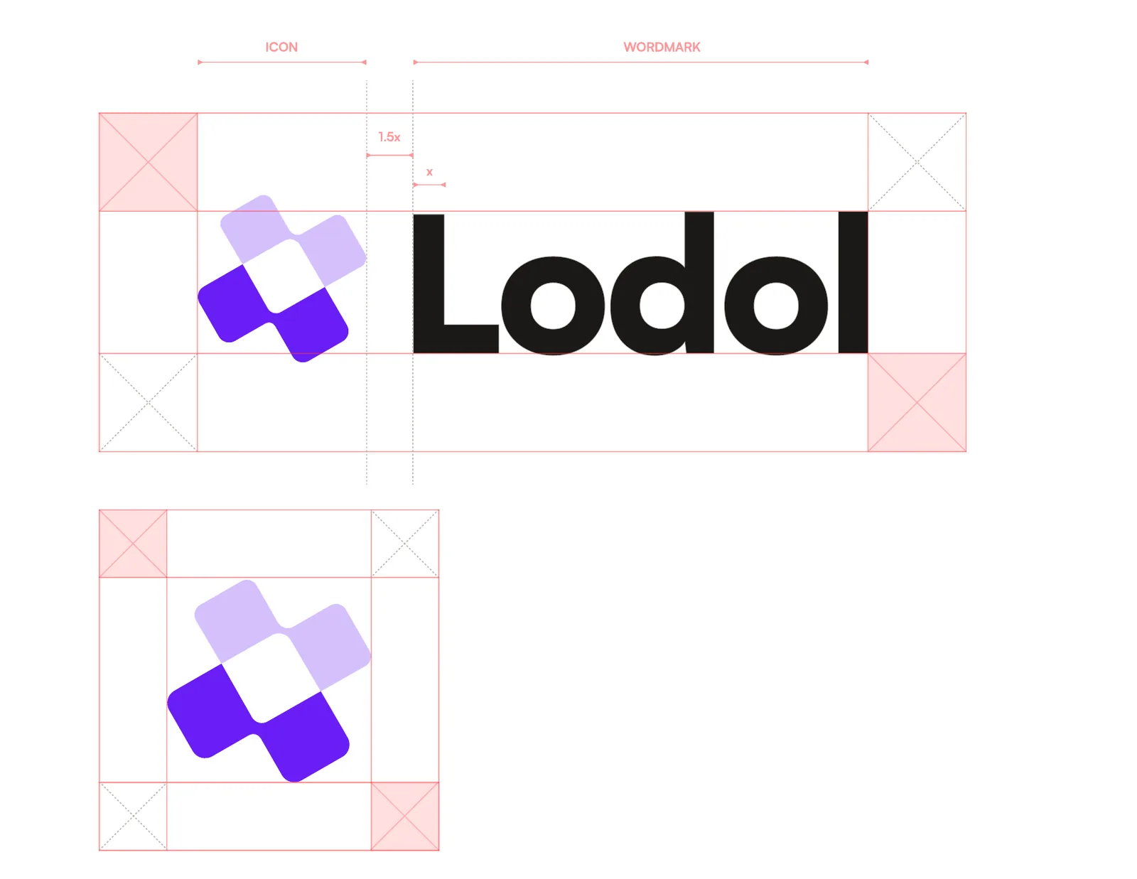 The logo lockup and the standalone symbol in a grid showing the clear space around each: the height of the letter o around the lockup, and one block's side around the symbol.
