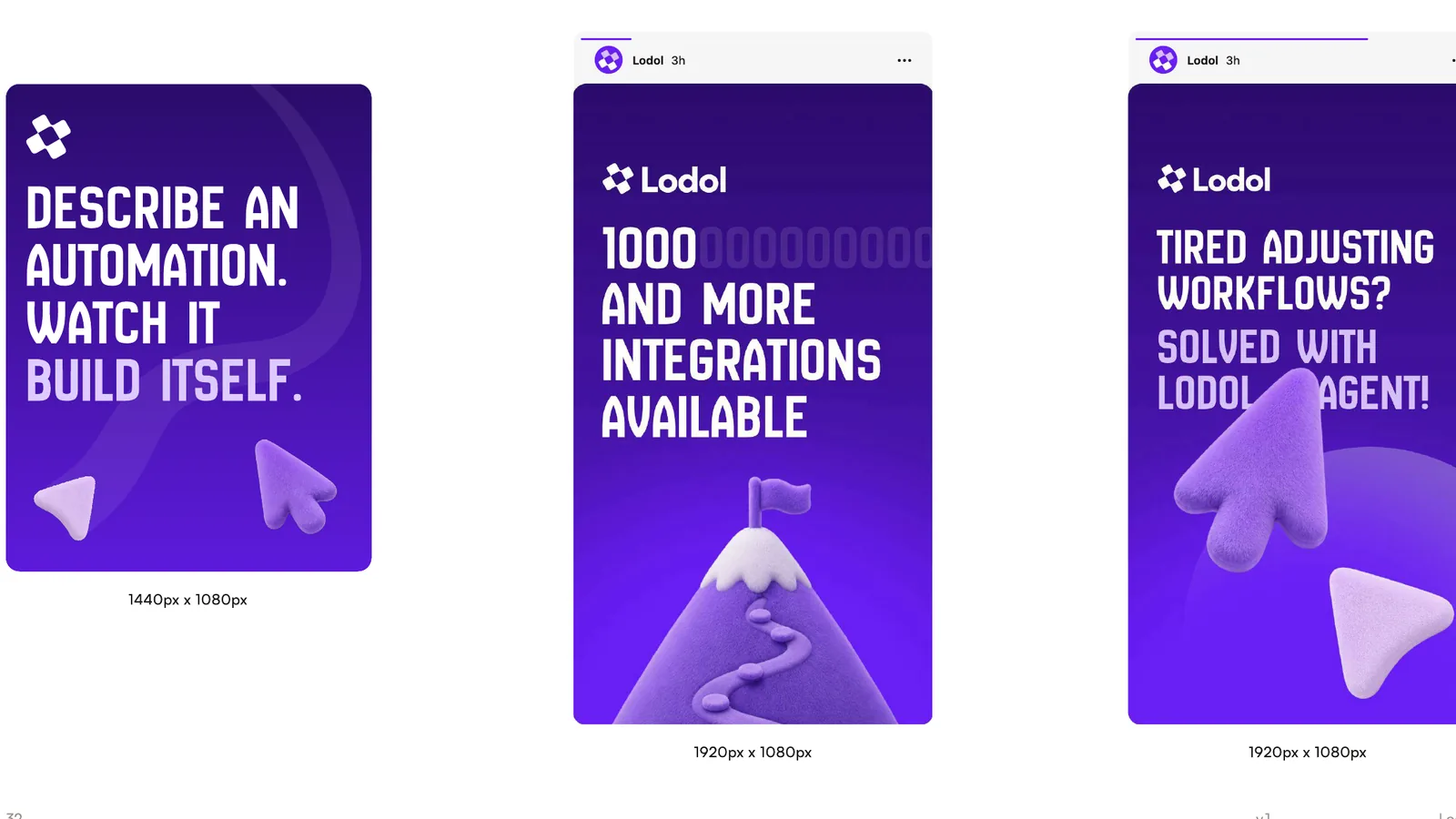 Three social posts on the indigo gradient, set in New Amsterdam with 3D cursors and a mountain.